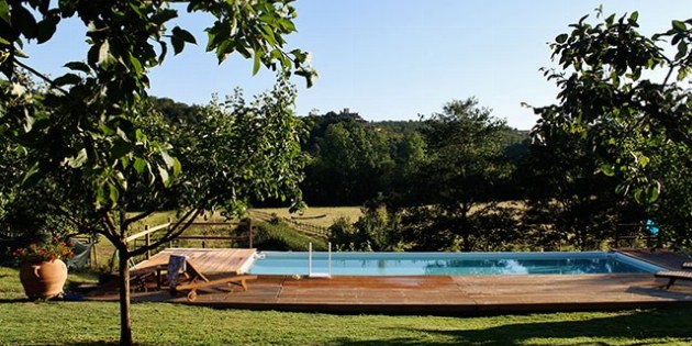 Pool im Hintergrund, im Vordergrund grüne Wiese